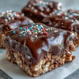 A close-up of a Chocolate Covered Rice Krispy Treat bar with a chunky chocolate layer and vibrant sprinkles, placed on a simple white plate ready to serve.