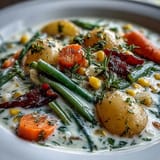 Creamy Amish Snow Day Soup served in a warm bowl, garnished with fresh parsley and a side of crusty bread for a comforting snowy day meal.