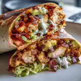 Freshly assembled Crispy Chicken Bacon Wrap on a wooden board, layered with melted cheddar, crisp bacon, and colorful veggies, ready for lunch. 