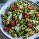 A colorful pasta salad with homemade pesto, cherry tomatoes, and arugula, garnished with lemon zest and parmesan shavings for a refreshing summer dish.