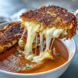 Cheesy bread strips rest near a steaming serving of homemade tomato soup.