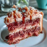 Show-stopping Rosé Velvet Cake with velvety frosting and decadent gold cascade.