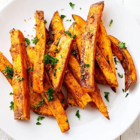 Crispy oven-baked Sweet Potato Fries with soft orange centers, arranged on a rustic wooden board.