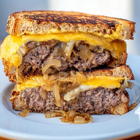 Classic diner-style Patty Melt, crispy buttery bread hugging a juicy beef patty and sweet onions.