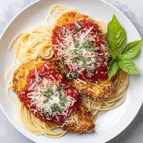 Fresh basil garnish and extra Parmesan top this sizzling hot Italian-American classic dinner.
