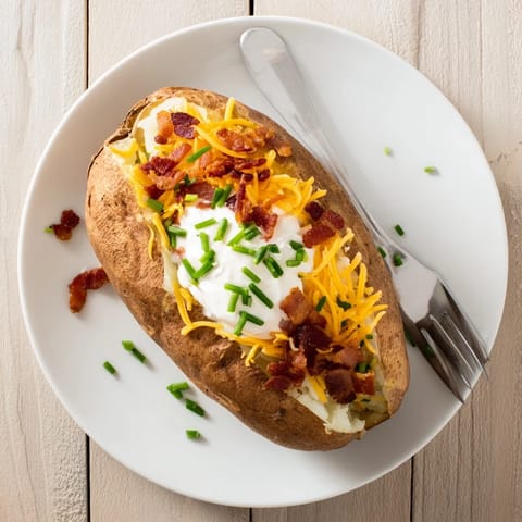 Golden-brown loaded baked potato topped with sour cream, melted cheddar, crispy bacon crumbles, and fresh green chives on a rustic plate.