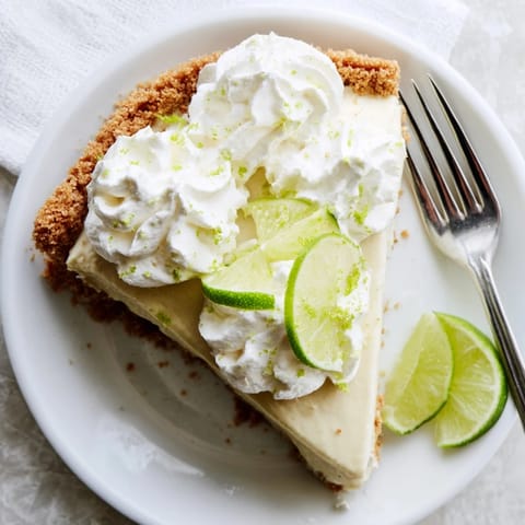 Freshly baked Key Lime Pie with a golden graham cracker crust and a vibrant green, creamy filling.