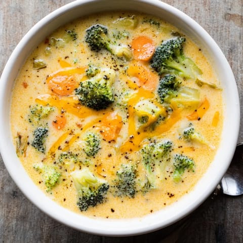 Creamy broccoli cheese soup in a white bowl garnished with grated cheddar and black pepper, served hot with crusty bread on the side for a comforting meal.