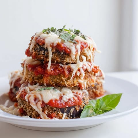 Comforting Italian classic Eggplant Parmesan served hot from the oven, garnished with fresh basil and extra Parmesan.