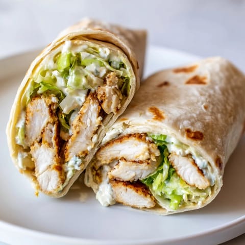 A close-up of a golden-brown honey mustard chicken wrap cut in half, revealing juicy chicken and crisp vegetables inside.