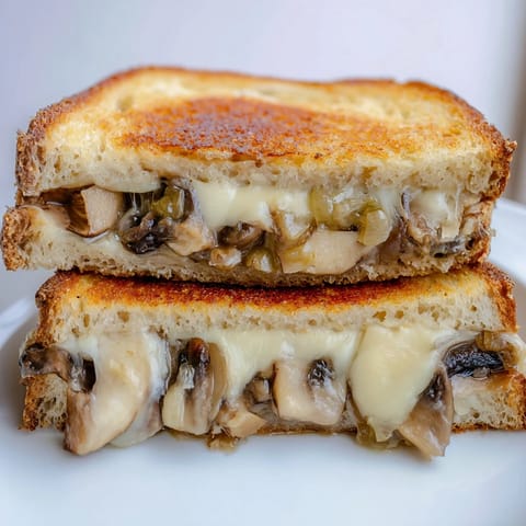 Thick slices of Mushroom Swiss Grilled Cheese reveal gooey Swiss cheese and savory mushrooms on rye bread.