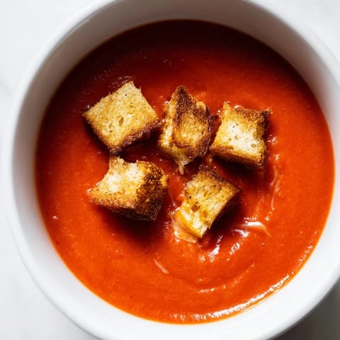 Roasted Tomato Soup with Grilled Cheese Croutons served in a rustic mug beside crispy cubes.