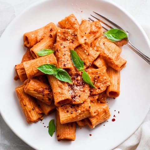 Steaming spicy rigatoni pasta in a rich tomato cream sauce with a sprinkle of Parmesan and basil.  