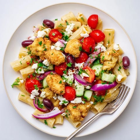 Savor this vibrant Crispy Chicken Greek Pasta bowl, featuring juicy fried chicken and a colorful medley of fresh Mediterranean vegetables.