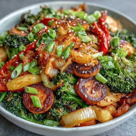 A vibrant bowl of Comforting Fermented Veggie Winter Stir-Fry features crisp-tender broccoli and carrots with colorful cabbage and sweet potato in a glossy, sesame-scented sauce.  