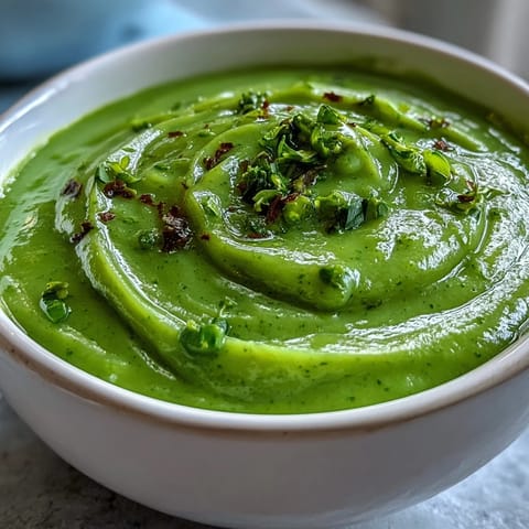 This vibrant courgette, pea and pesto soup shows a creamy green puree swirled with olive oil and fresh basil garnish.