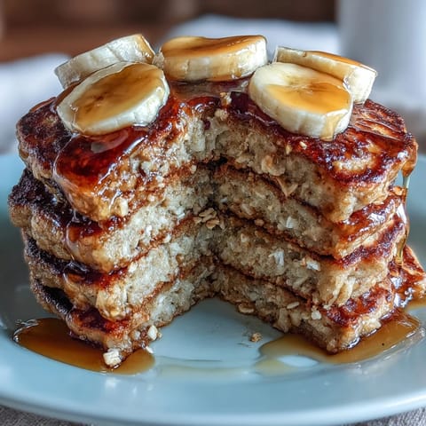 Golden-brown Banana Oat Pancakes stacked high, drizzled with maple syrup and topped with fresh banana slices.