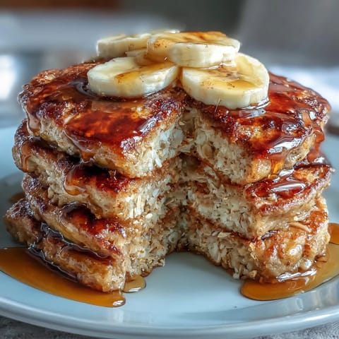 A close-up of fluffy Banana Oat Pancakes cooking on a griddle, showing bubbling batter and golden edges.