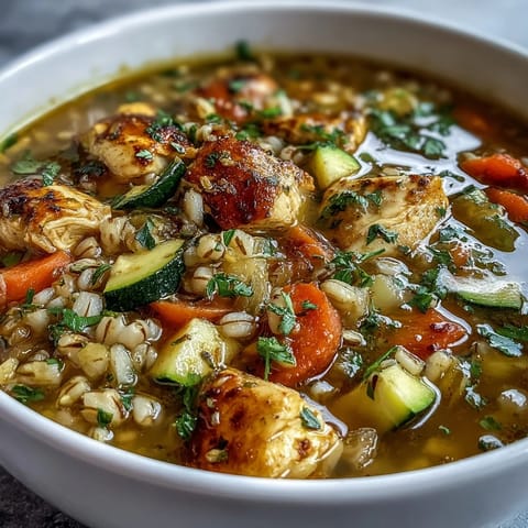 A steaming bowl of Soothing Turmeric Chicken With Pearl Barley, perfect with crusty bread for dipping.  
