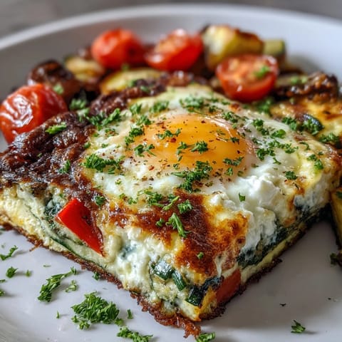 Hearty High-Protein Sheet Pan Eggs With Cottage Cheese and Veggies, baked golden and served as warm meal-prep squares.  