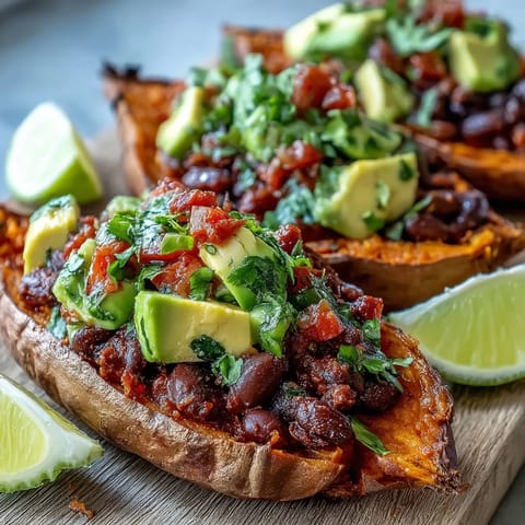 A split roasted sweet potato overflowing with smoky black beans and chunky tomato salsa ready to serve.