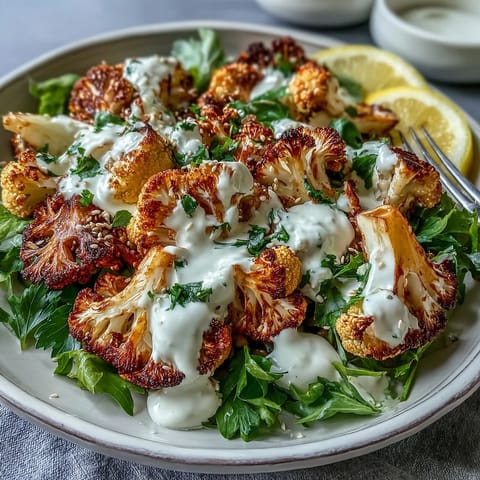 Golden roasted cauliflower florets, seasoned with cumin and smoked paprika, are arranged over a bed of lemony lentils and topped with creamy cumin-tahini yogurt.
