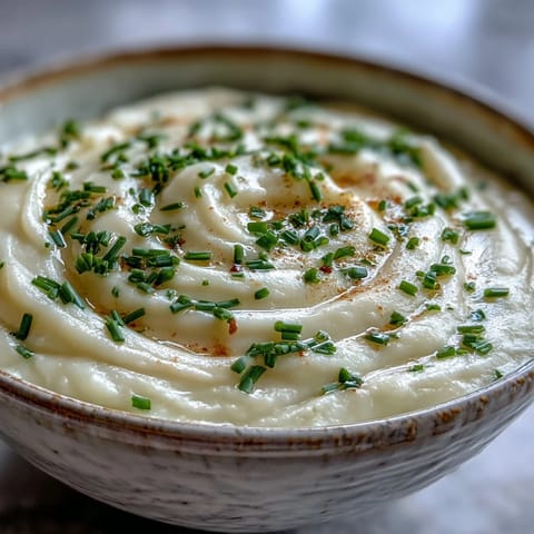 Velvety Creamy Celery Root Bisque in a white bowl, garnished with fresh chives and a swirl of cream. 