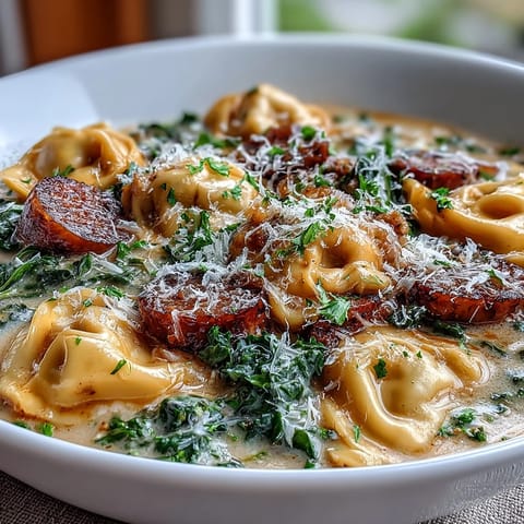 Creamy Pumpkin Tortellini Soup with chicken sausage and kale, served steaming in a rustic bowl.