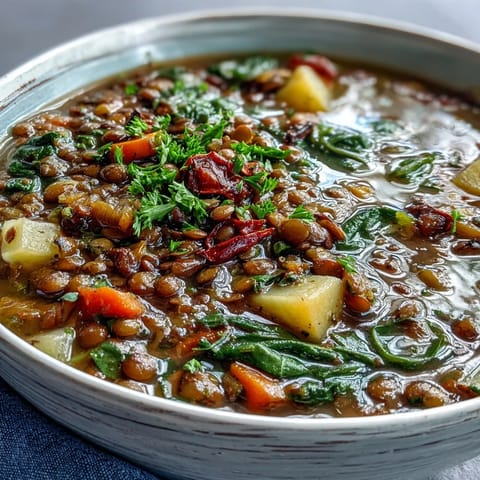 A close-up of a spoon dipping into thick Vegetarian Lentil Stew, revealing chunky potatoes and red bell peppers alongside aromatic cumin and paprika spices.