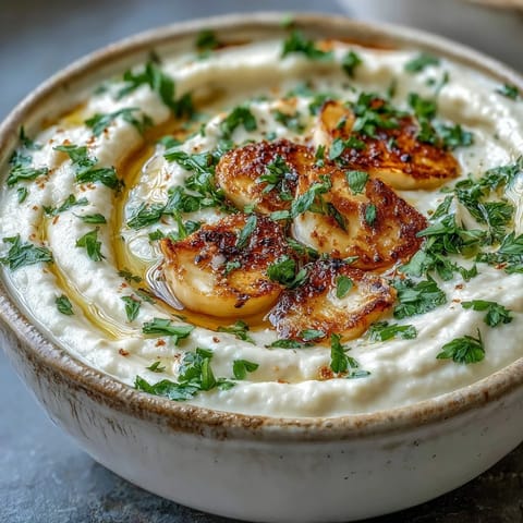 Creamy Roasted Garlic Soup is garnished with fresh parsley and croutons in a cozy bowl.