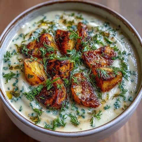 Steaming bowls of creamy Parsnip and Herb Soup garnished with fresh chives and parsley.