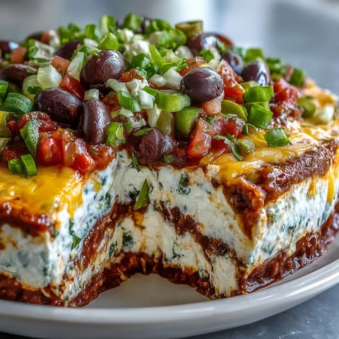 Freshly made 4-Way Layered Dip with beans, sour cream, salsa, and cheddar cheese topped with olives.