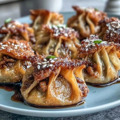 Golden-brown Smash Dumplings served on a white plate with a small dipping sauce bowl.