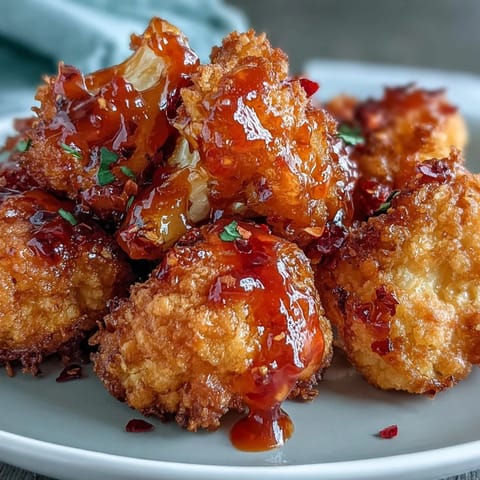 Golden-baked Crunchy Baked Hot Honey Cauliflower bites glisten with spicy glaze on a rustic plate.