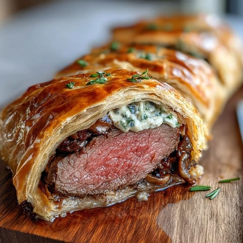 Golden-baked Beef Wellington with flaky puff pastry, mushroom duxelles, and prosciutto, sliced to reveal juicy medium-rare beef on a rustic wooden board.