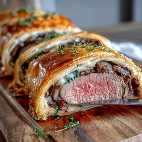 A plated slice of Beef Wellington beside a glass of red wine and fresh thyme, showcasing the rich mushroom filling and tenderloin center.
