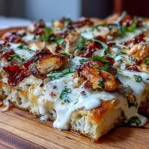 Golden, crispy Marry Me Chicken Pizza topped with creamy chicken, sun-dried tomatoes, and fresh basil leaves.