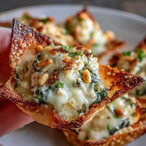 Golden-baked wonton cups brimming with creamy feta and wilted spinach, seasoned with lemon zest and herbs.