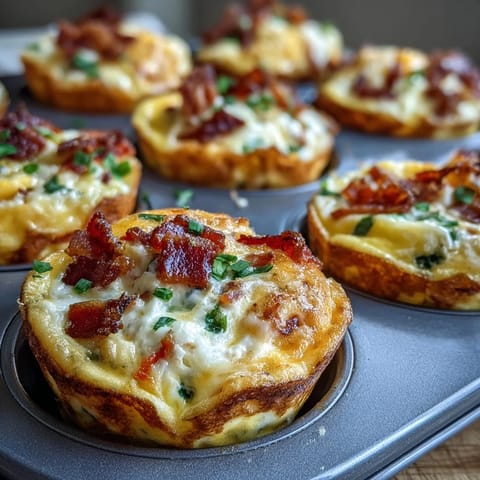 A close-up of golden-brown Breakfast Egg Muffins, showcasing melted cheddar and crispy bacon pieces peeking out of fluffy, baked egg cups.