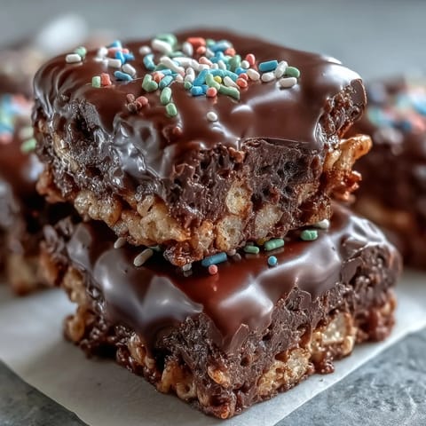 Golden-brown Chocolate Covered Rice Krispy Treats cut into neat bars, the glossy dark chocolate topping glistening and speckled with colorful rainbow sprinkles on a rustic wooden board.