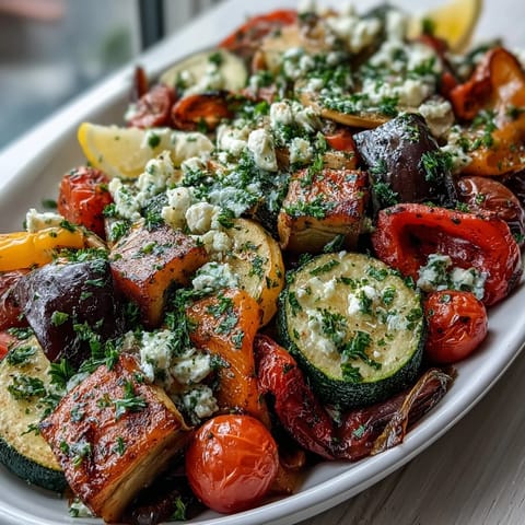 Freshly roasted eggplant, zucchini, and bell peppers with glistening lemon juice and olives, ready to serve alongside grilled fish.  