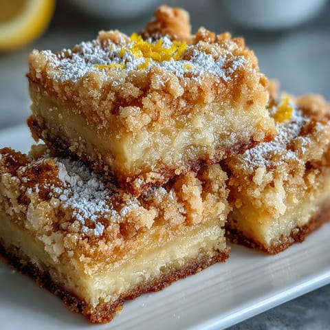 Homemade Lemon Crumb Bars with golden crumb topping dusted with powdered sugar on a white plate.