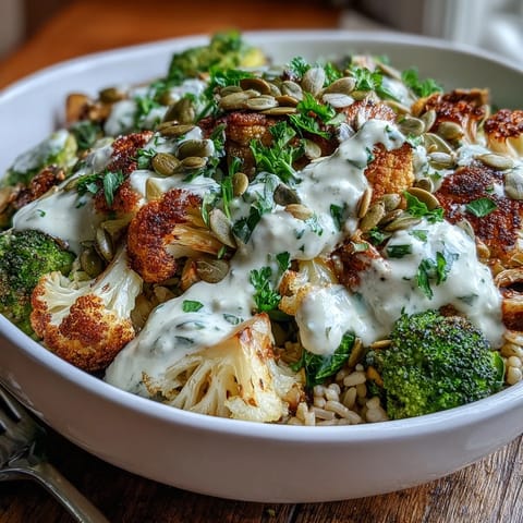 Golden-brown roasted broccoli, cauliflower, and Brussels sprouts top fluffy quinoa in this vibrant Roasted Brassica Bowl.