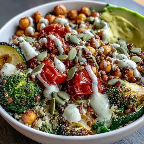 A nourishing vegetable and legume bowl with quinoa and bright tahini dressing, served warm for a healthy lunch.