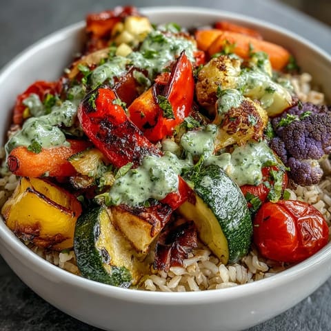Close-up of a steaming Rainbow Roasted Vegetable Bowl on a rustic table, featuring caramelized red and yellow bell peppers, purple cauliflower, and broccoli over brown rice with herb sauce.