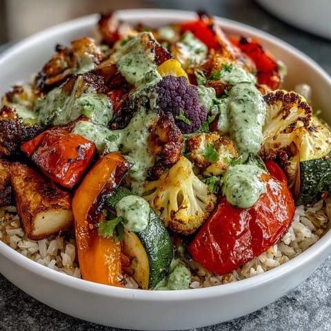 Overhead view of a colorful Rainbow Roasted Vegetable Bowl, showcasing perfectly roasted zucchini, carrots, and cherry tomatoes next to fluffy grains and a vibrant green drizzle.
