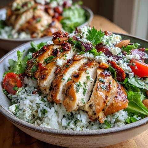 Golden-brown chicken slices with sun-dried tomatoes over fluffy rice and fresh greens in a white bowl.