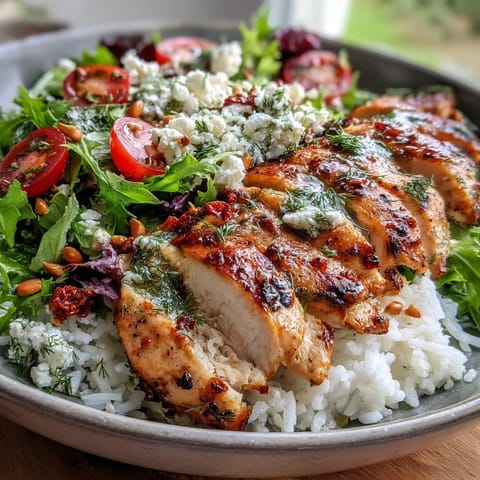 Tender marinated chicken with sun-dried tomatoes on rice, topped with greens, cherry tomatoes, and feta.