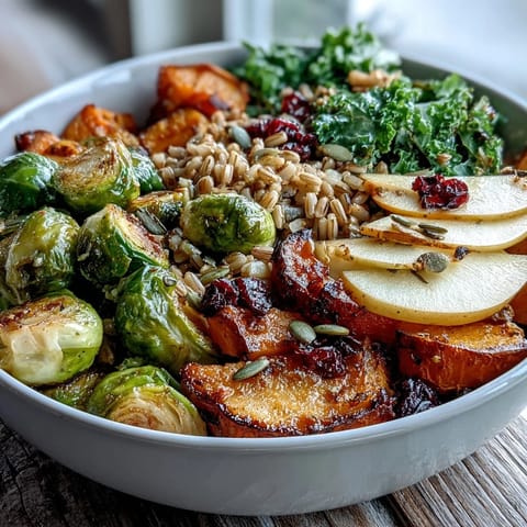 Fall Vegetable Bowl with roasted squash, Brussels sprouts, and kale served over warm farro grains.