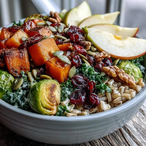 Caramelized roasted apples and bright pumpkin seeds garnish this hearty, nourishing Fall Vegetable Bowl.